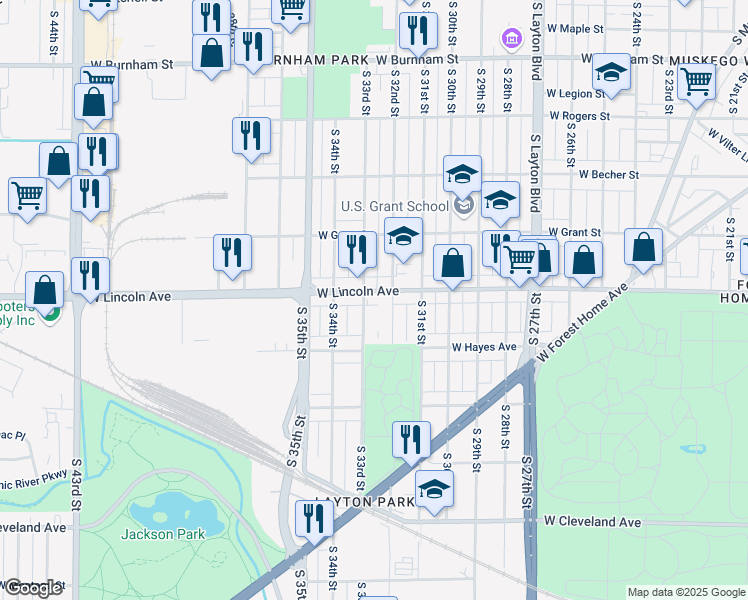 map of restaurants, bars, coffee shops, grocery stores, and more near 2257 South 33rd Street in Milwaukee