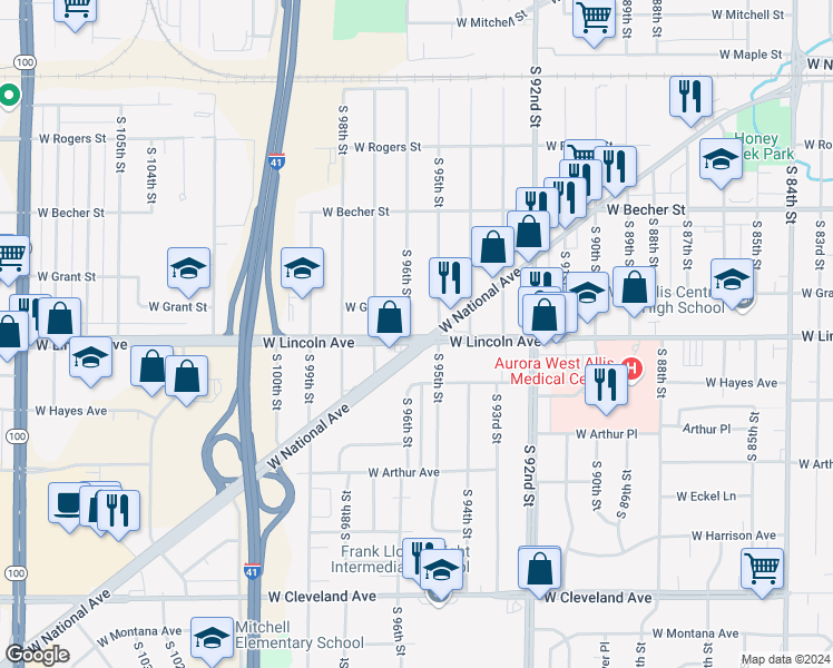 map of restaurants, bars, coffee shops, grocery stores, and more near 2200 South 96th Street in West Allis