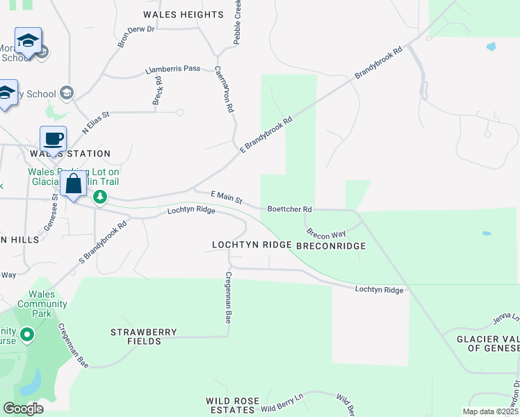 map of restaurants, bars, coffee shops, grocery stores, and more near 1234 East Main Street in Wales