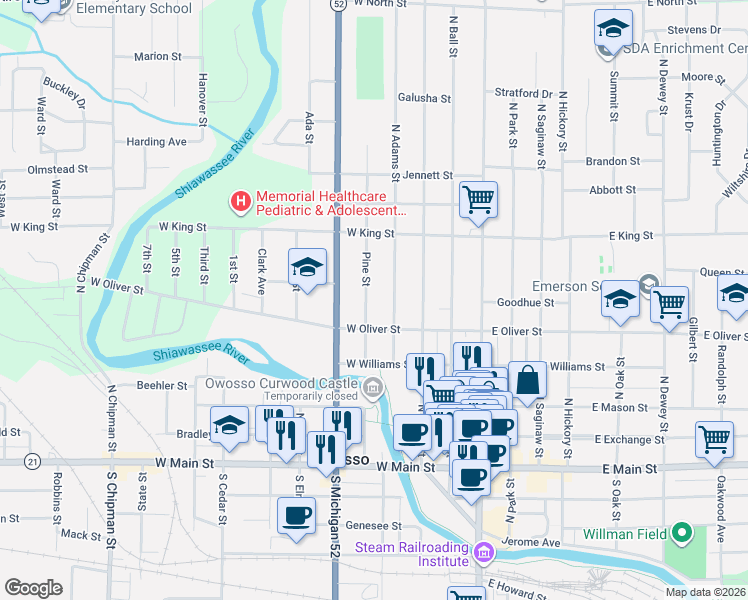 map of restaurants, bars, coffee shops, grocery stores, and more near 610 Pine Street in Owosso