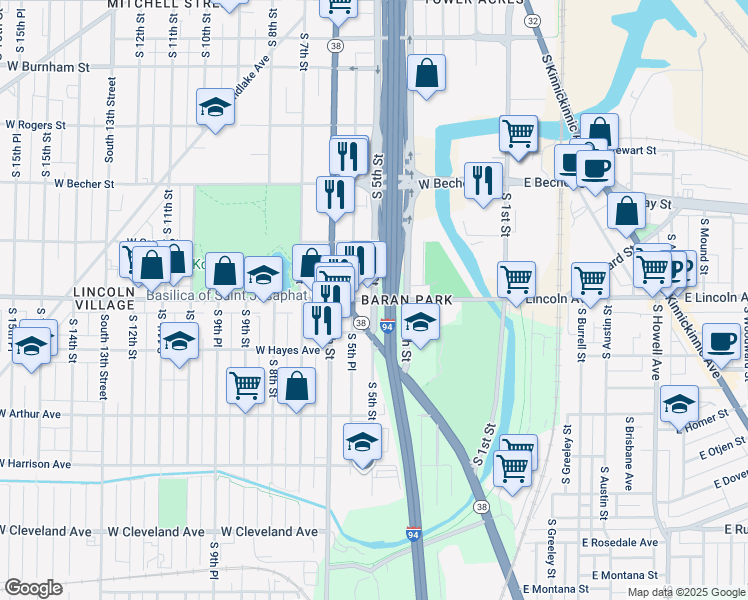 map of restaurants, bars, coffee shops, grocery stores, and more near W Lincoln Ave & S 5th St in Milwaukee