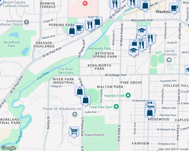 map of restaurants, bars, coffee shops, grocery stores, and more near 627 West College Avenue in Waukesha