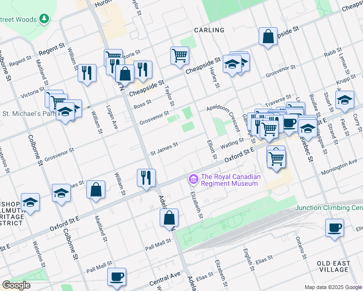 map of restaurants, bars, coffee shops, grocery stores, and more near 647 Saint James Street in London