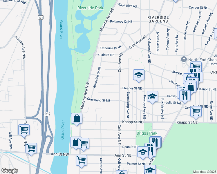 map of restaurants, bars, coffee shops, grocery stores, and more near 115 Bowne Street Northeast in Grand Rapids