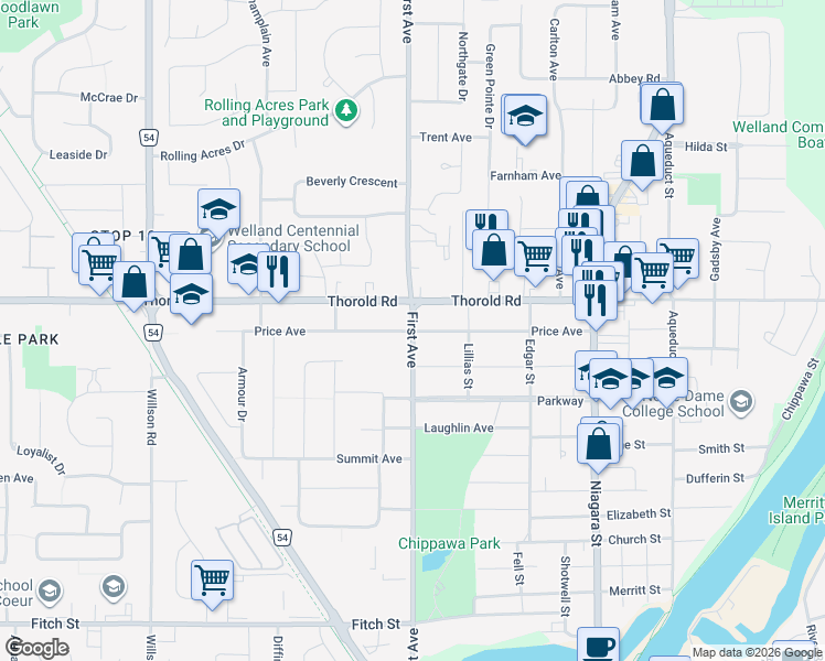 map of restaurants, bars, coffee shops, grocery stores, and more near Price Avenue in Welland
