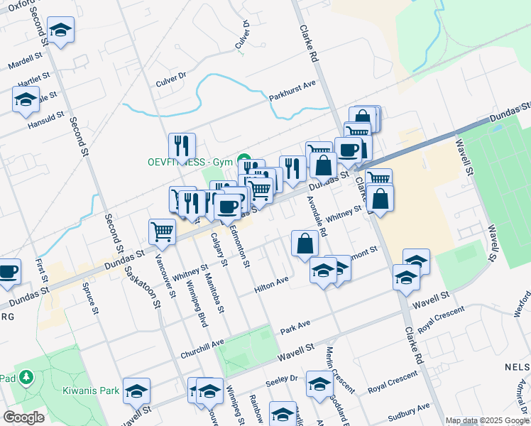 map of restaurants, bars, coffee shops, grocery stores, and more near 1800 Dundas Street in London