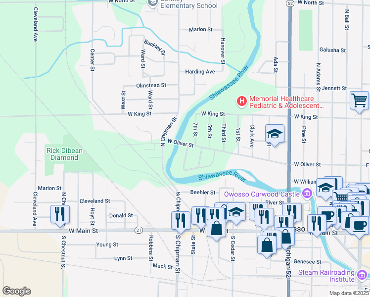 map of restaurants, bars, coffee shops, grocery stores, and more near 1210 West Oliver Street in Owosso