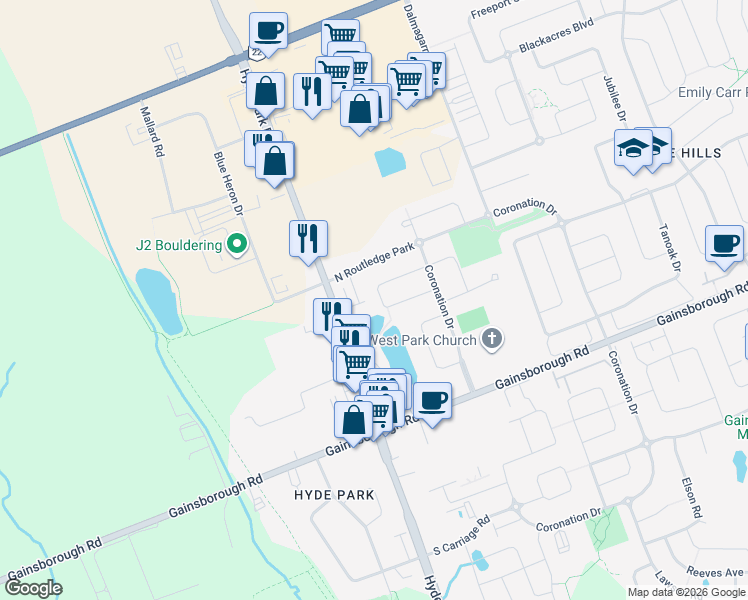 map of restaurants, bars, coffee shops, grocery stores, and more near 1084 Kimball Crescent in London