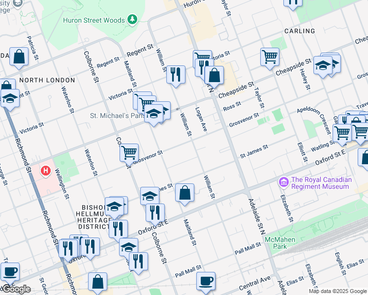 map of restaurants, bars, coffee shops, grocery stores, and more near 517 Grosvenor Street in London
