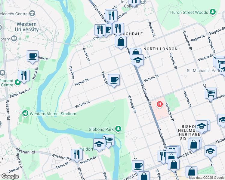 map of restaurants, bars, coffee shops, grocery stores, and more near 144 Victoria Street in London
