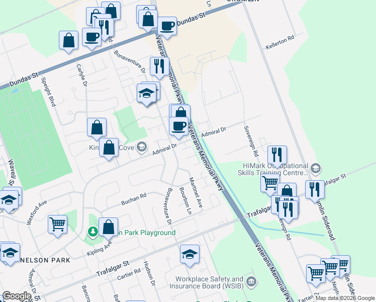 map of restaurants, bars, coffee shops, grocery stores, and more near 511 Admiral Drive in London