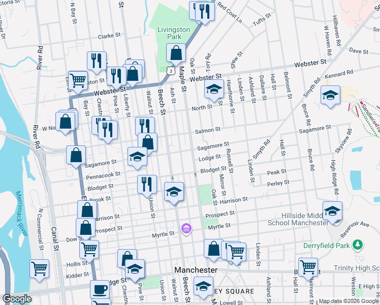 map of restaurants, bars, coffee shops, grocery stores, and more near 752 Maple Street in Manchester