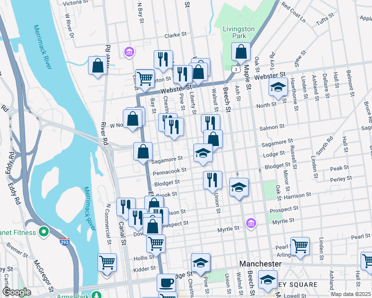 map of restaurants, bars, coffee shops, grocery stores, and more near 66 Salmon Street in Manchester
