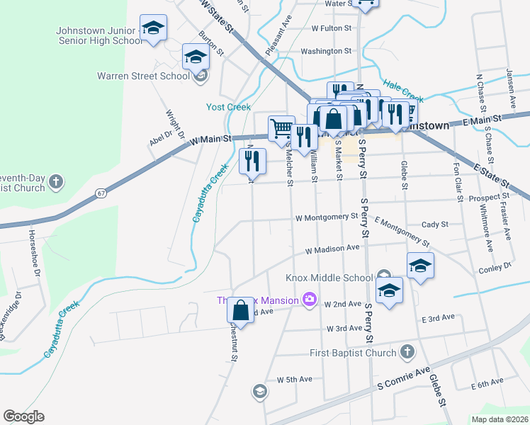 map of restaurants, bars, coffee shops, grocery stores, and more near 208 Meadow Street in Johnstown