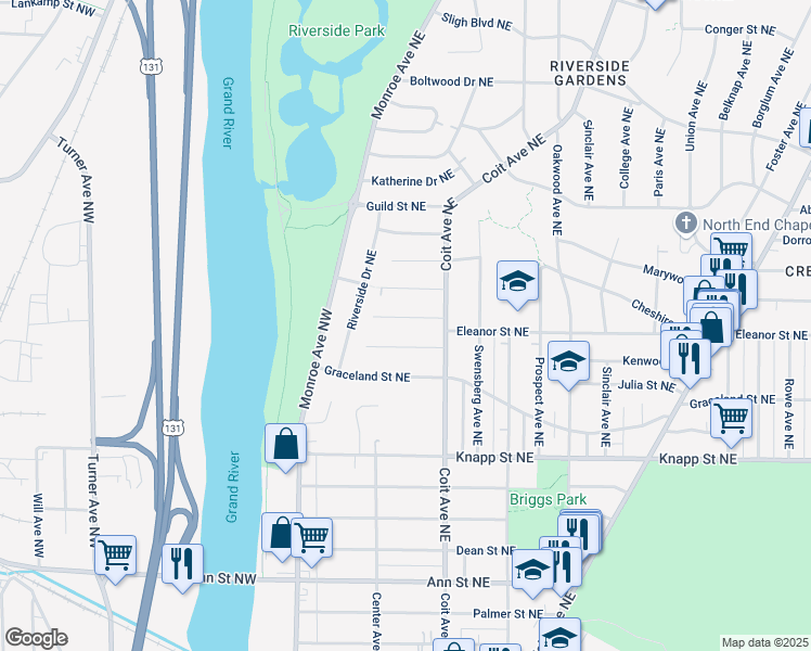 map of restaurants, bars, coffee shops, grocery stores, and more near 115 Bowne Street Northeast in Grand Rapids