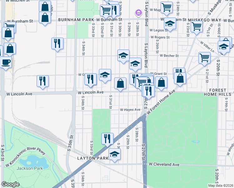 map of restaurants, bars, coffee shops, grocery stores, and more near 2258 South 31st Street in Milwaukee