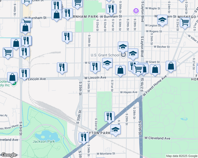 map of restaurants, bars, coffee shops, grocery stores, and more near 2257 South 33rd Street in Milwaukee
