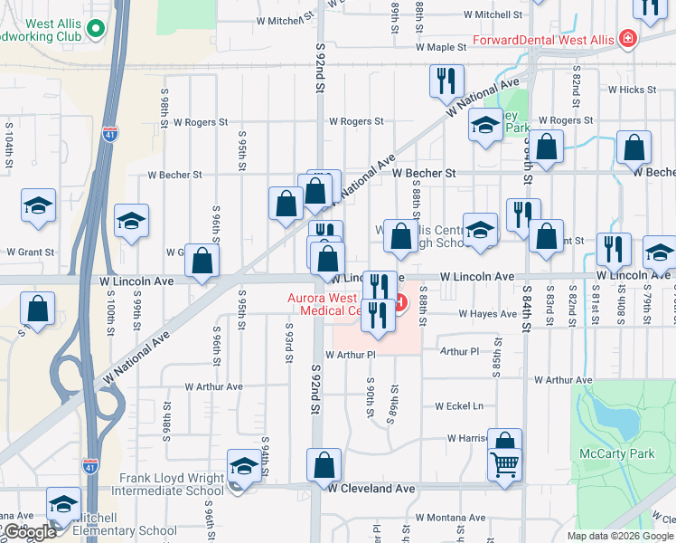 map of restaurants, bars, coffee shops, grocery stores, and more near 22 South 91st Street in West Allis