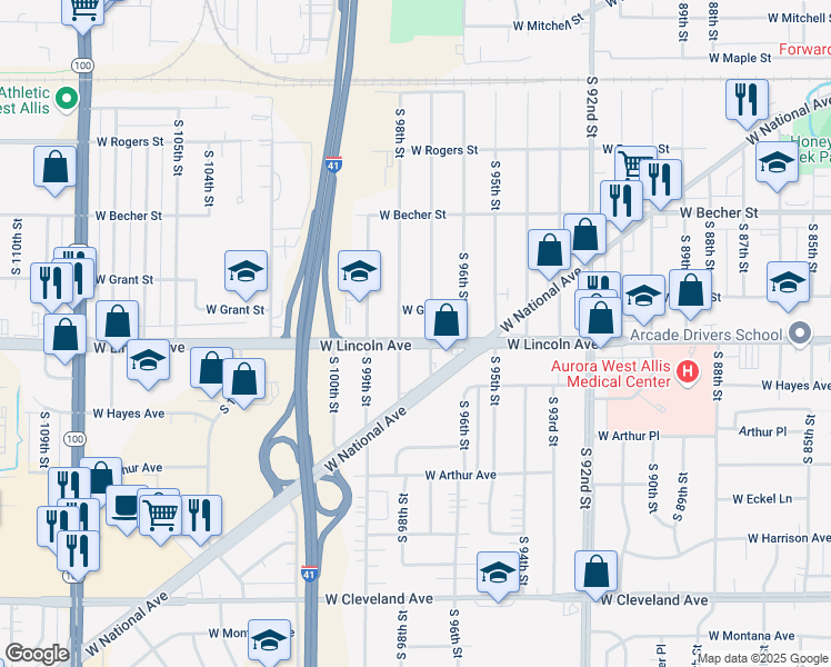 map of restaurants, bars, coffee shops, grocery stores, and more near 97 West Grant Street in West Allis