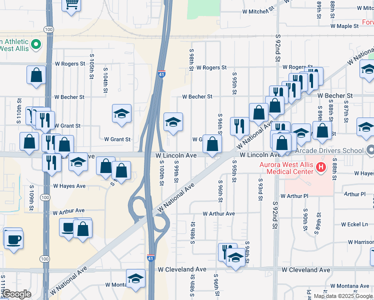 map of restaurants, bars, coffee shops, grocery stores, and more near 2201 South 98th Street in West Allis