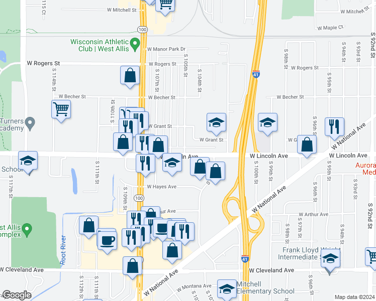 map of restaurants, bars, coffee shops, grocery stores, and more near 10407 West Grant Street in West Allis