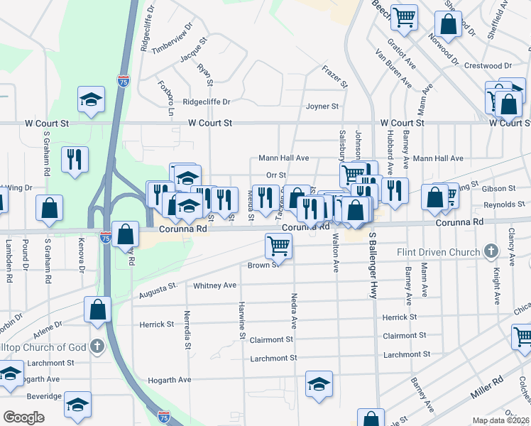 map of restaurants, bars, coffee shops, grocery stores, and more near 4017 Reynolds Street in Flint