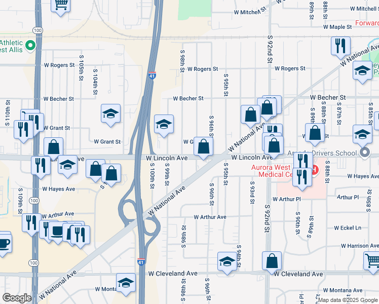 map of restaurants, bars, coffee shops, grocery stores, and more near 97 West Grant Street in West Allis