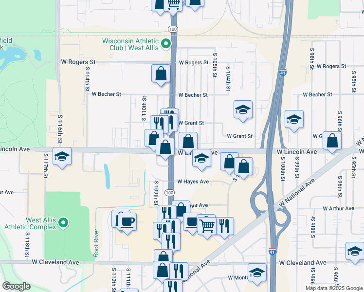 map of restaurants, bars, coffee shops, grocery stores, and more near 2234 South 107th Street in West Allis