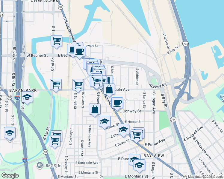 map of restaurants, bars, coffee shops, grocery stores, and more near E Lincoln Ave & S Mound St in Milwaukee