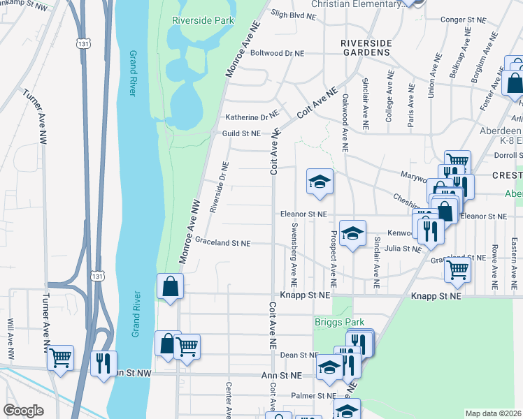 map of restaurants, bars, coffee shops, grocery stores, and more near 151 Bowne Street Northeast in Grand Rapids
