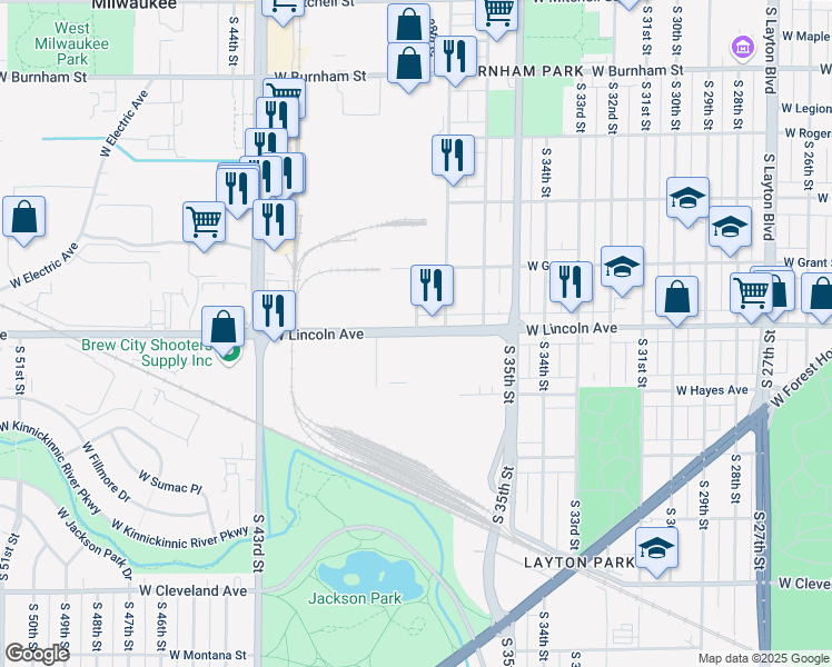 map of restaurants, bars, coffee shops, grocery stores, and more near South 38th Street in Milwaukee