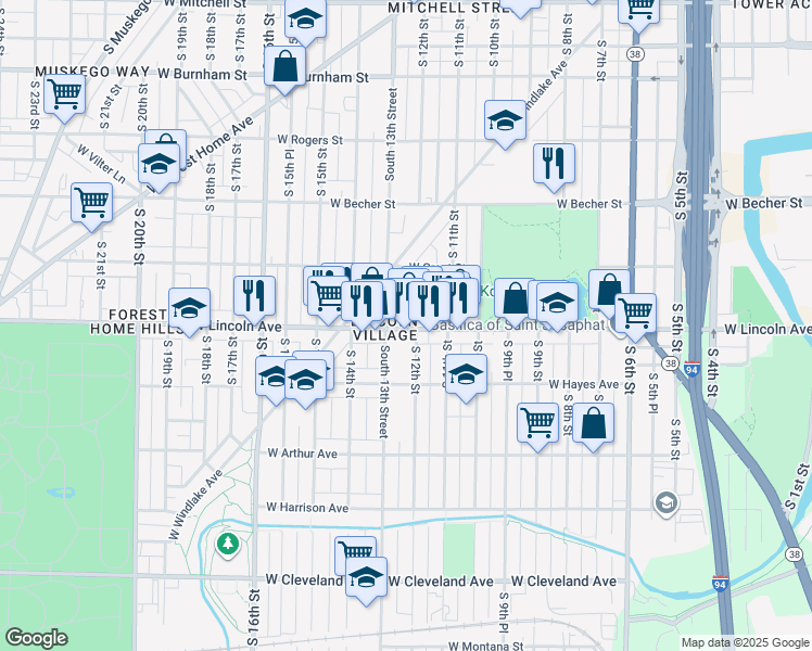 map of restaurants, bars, coffee shops, grocery stores, and more near 1206 West Lincoln Avenue in Milwaukee