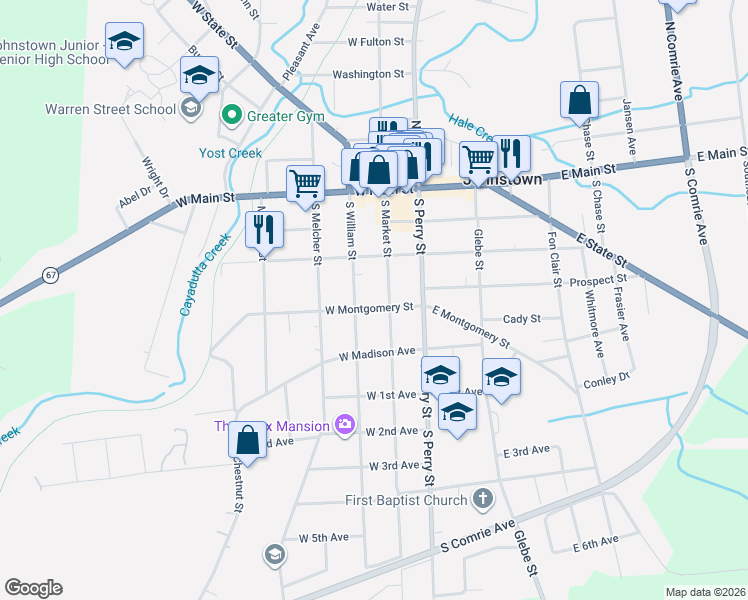 map of restaurants, bars, coffee shops, grocery stores, and more near 113 1/2 South Market Street in Johnstown