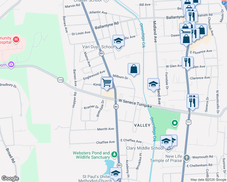 map of restaurants, bars, coffee shops, grocery stores, and more near 1516 Valley Drive in Syracuse