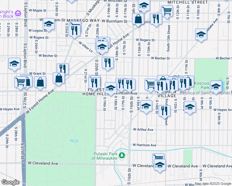 map of restaurants, bars, coffee shops, grocery stores, and more near W Lincoln Ave & S 18th St in Milwaukee