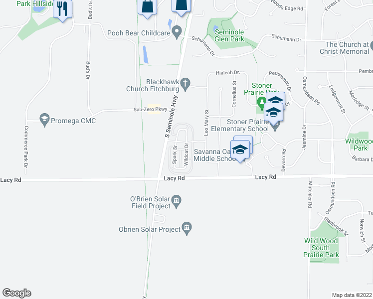 map of restaurants, bars, coffee shops, grocery stores, and more near Wildcat Drive in Fitchburg