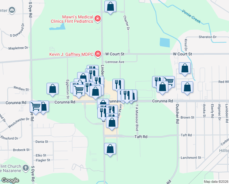 map of restaurants, bars, coffee shops, grocery stores, and more near 1478 Conway Street in Flint