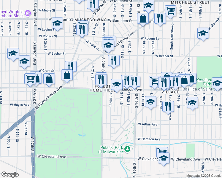 map of restaurants, bars, coffee shops, grocery stores, and more near W Lincoln Ave & S 19th St in Milwaukee