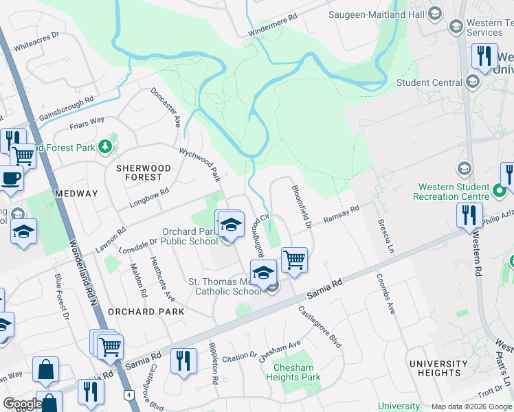 map of restaurants, bars, coffee shops, grocery stores, and more near 7 Metamora Crescent in London