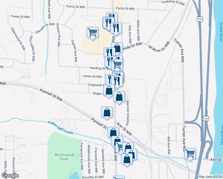 map of restaurants, bars, coffee shops, grocery stores, and more near 2215 Alpine Avenue Northwest in Grand Rapids