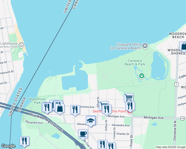 map of restaurants, bars, coffee shops, grocery stores, and more near 1275 Sandy Lane in Sarnia