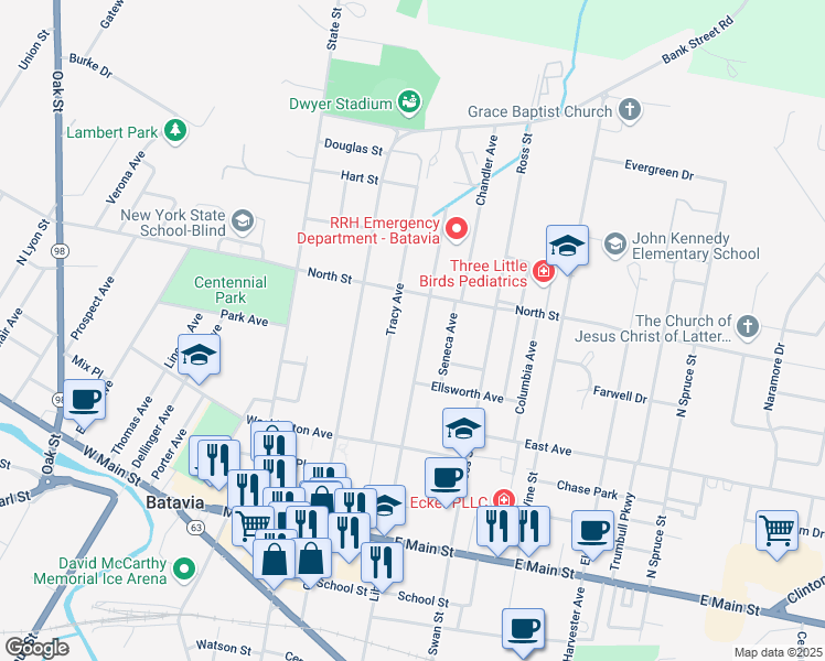 map of restaurants, bars, coffee shops, grocery stores, and more near 62 Tracy Avenue in Batavia