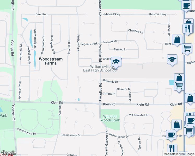 map of restaurants, bars, coffee shops, grocery stores, and more near 146 Paradise Road in East Amherst