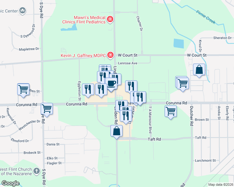 map of restaurants, bars, coffee shops, grocery stores, and more near 1471 Linden Ct in Flint