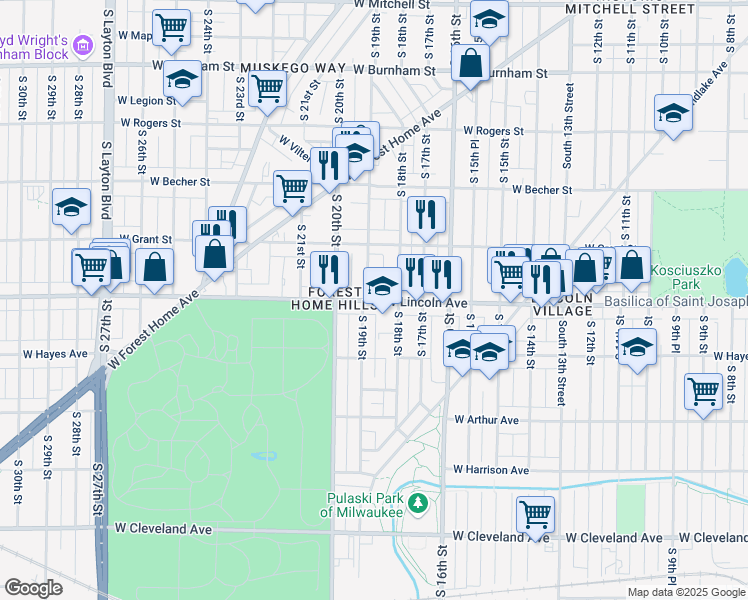 map of restaurants, bars, coffee shops, grocery stores, and more near 2255-2257 South 18th Street in Milwaukee