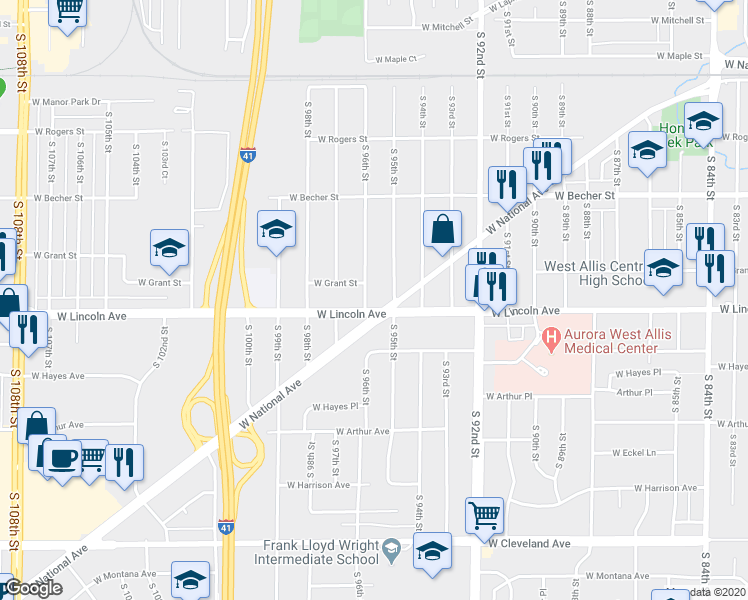 map of restaurants, bars, coffee shops, grocery stores, and more near 2200 South 96th Street in West Allis