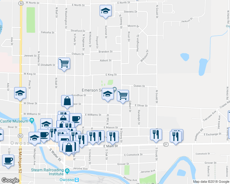 map of restaurants, bars, coffee shops, grocery stores, and more near 515 East Oliver Street in Owosso
