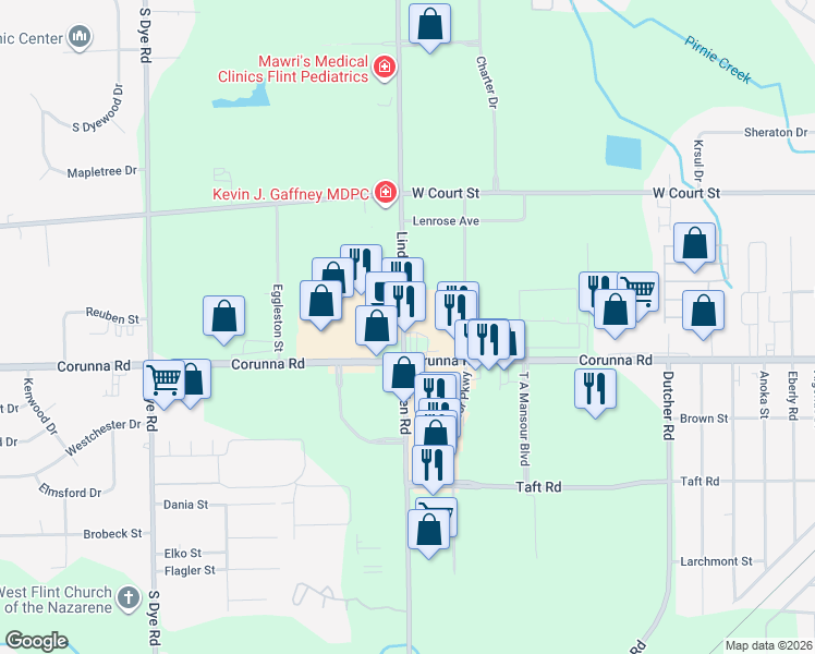 map of restaurants, bars, coffee shops, grocery stores, and more near 1471 Linden Ct in Flint