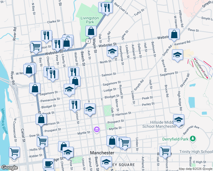 map of restaurants, bars, coffee shops, grocery stores, and more near 200 Sagamore Street in Manchester