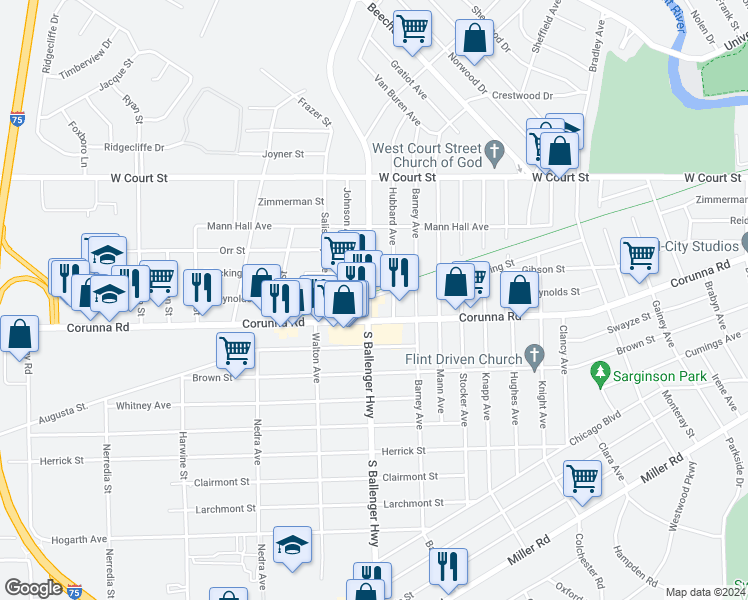 map of restaurants, bars, coffee shops, grocery stores, and more near 1055 South Ballenger Highway in Flint